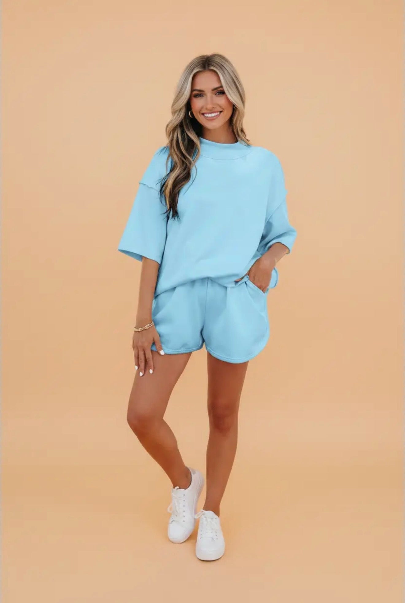 Mock Neck Exposed Seam Tunic Top & Shorts Set
