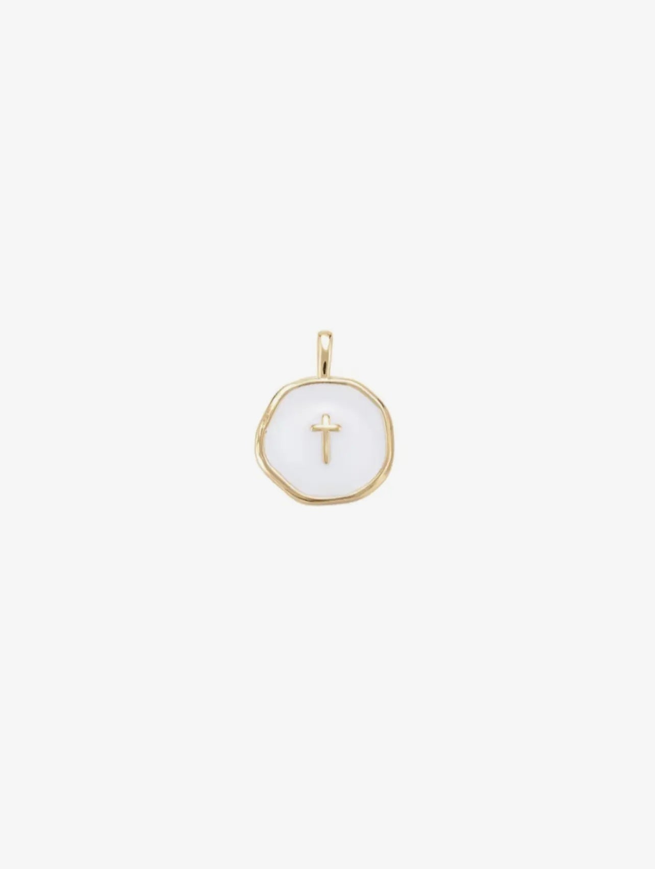 Gold White Round Disc with Gold Cross Charm
