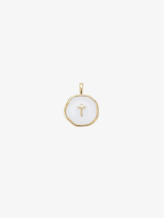 Gold White Round Disc with Gold Cross Charm