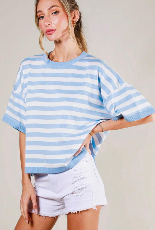 Blue Crew Neck Stripe Top