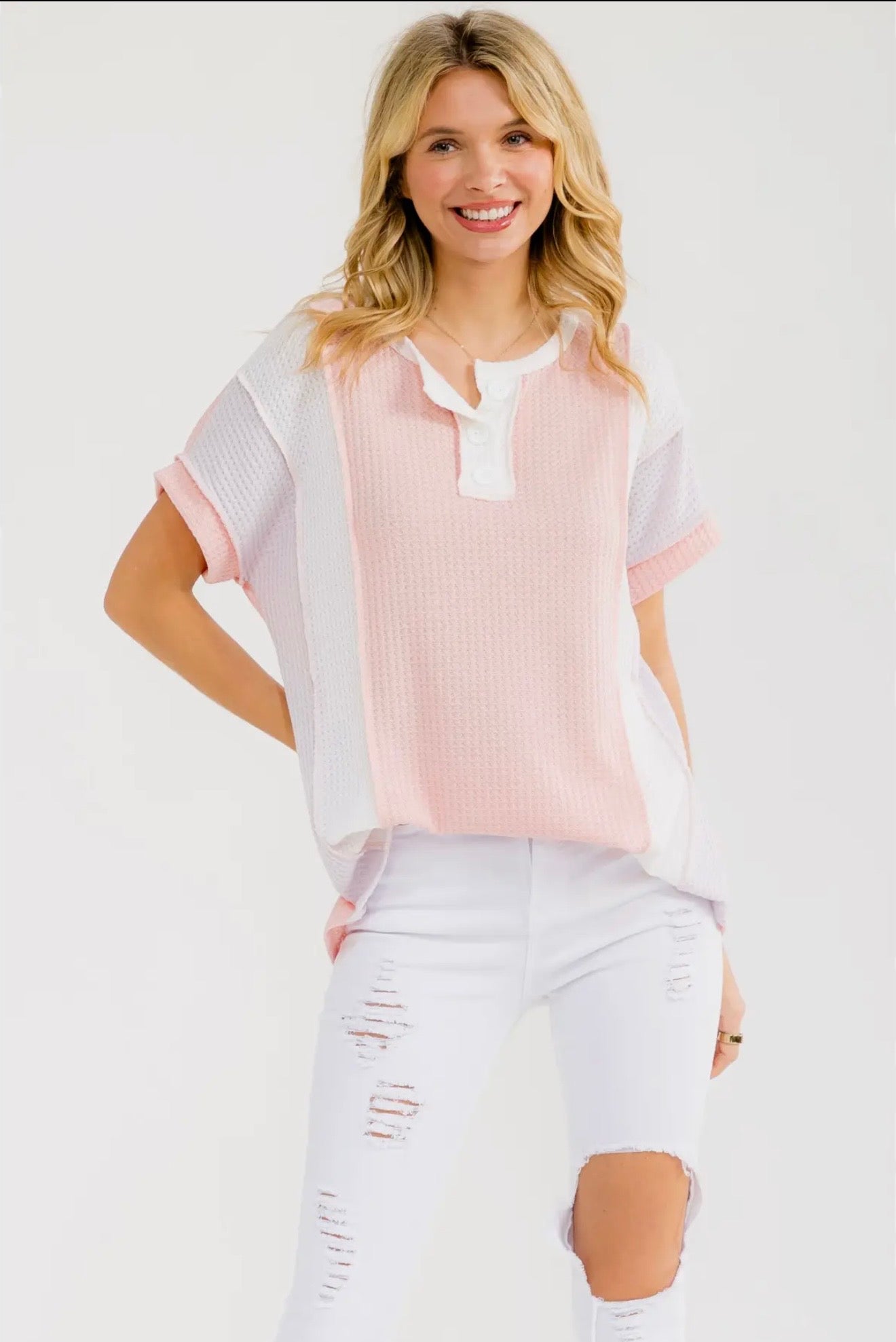 Color Block Waffle Knit Henley Top