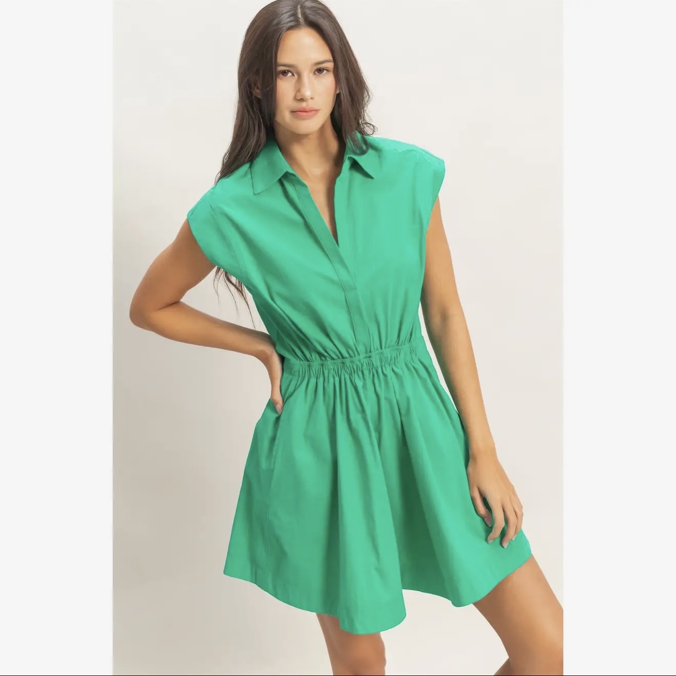 Sleeveless Collared Shirred Mini Dress