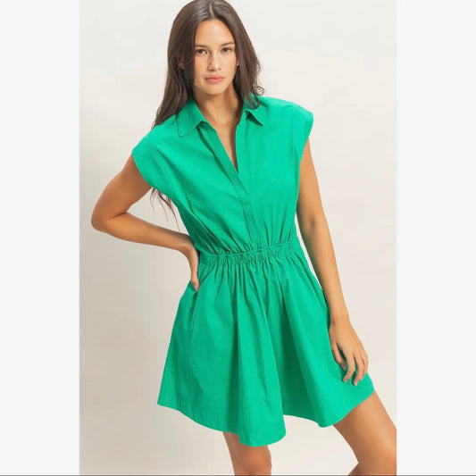 Sleeveless Collared Shirred Mini Dress
